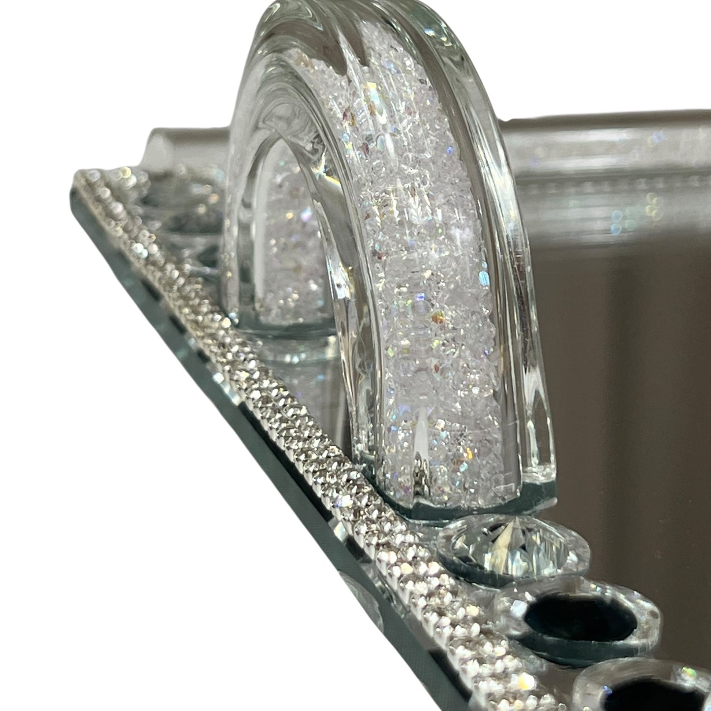 Bandeja Espejo Plateada con Asas de Cristal – 35x24 cm de Lujo Moderno