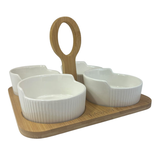Set de 4 Cuencos de Porcelana con Bandeja de Madera y Asa