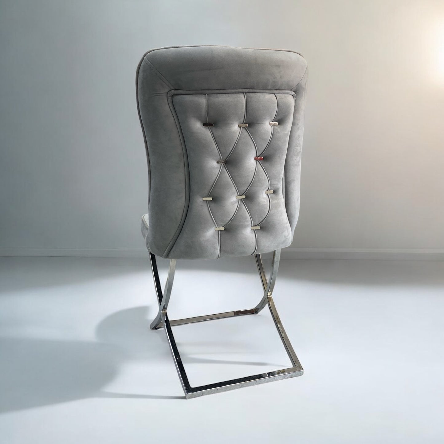 V25 PA light grey velvet dining chair, silver stainless steel legs