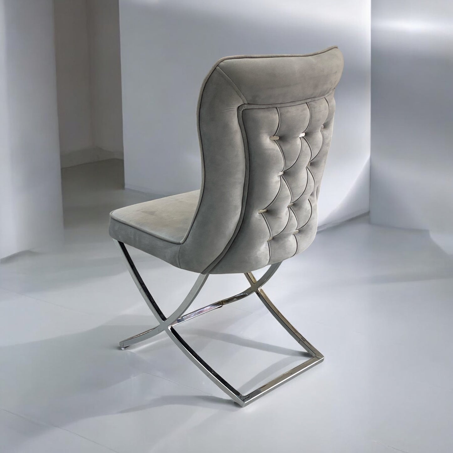 V25 PA light grey velvet dining chair, silver stainless steel legs