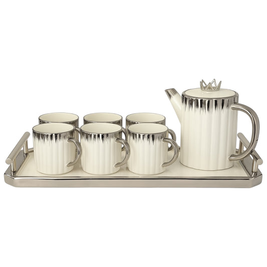 Set de Tetera con 6 Tazas y Bandeja Decorativa – Porcelana con Detalles Plateados