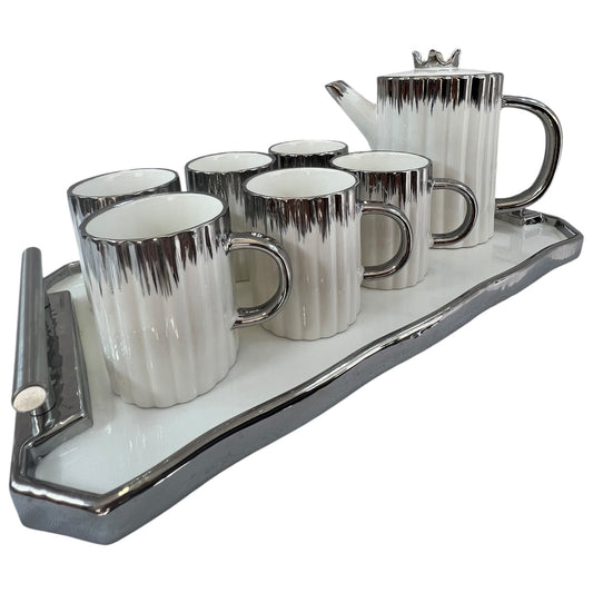 Set de Tetera con 6 Tazas y Bandeja Decorativa – Porcelana con Detalles Plateados