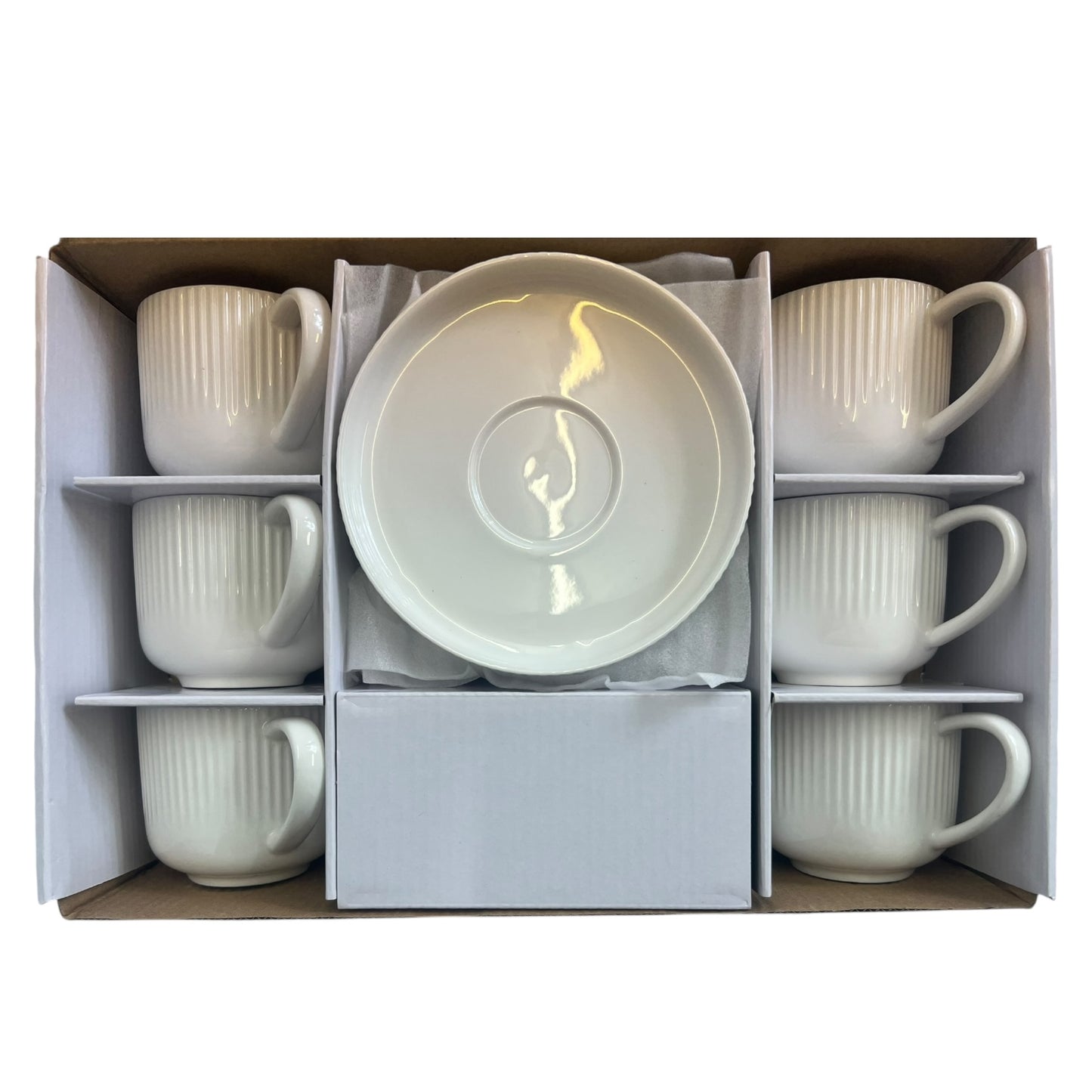 Set de 6 Tazas de Porcelana con 6 Platillos – Diseño Acanalado Elegante
