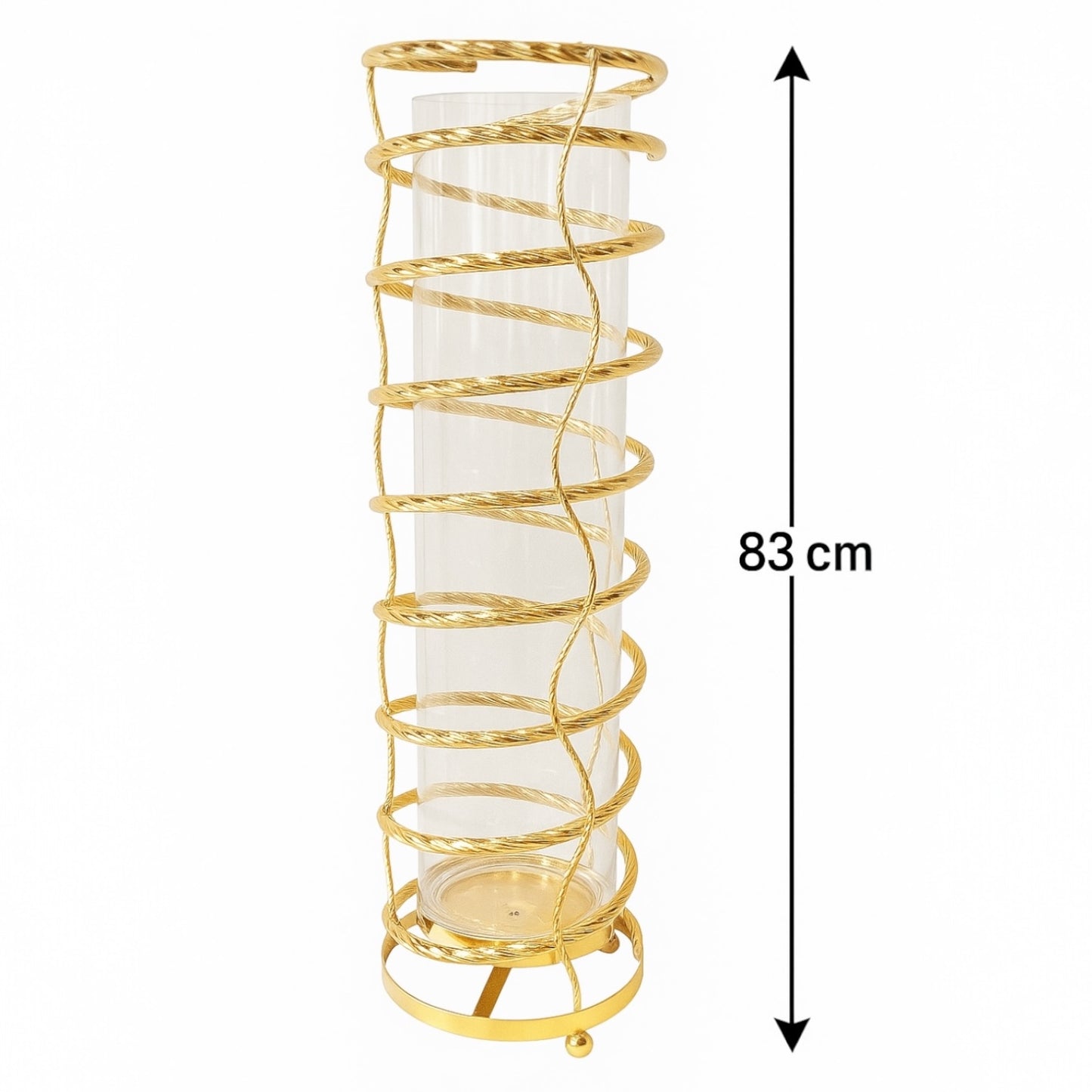 Torre de vidro vertical decorativa com suporte dourado (média)