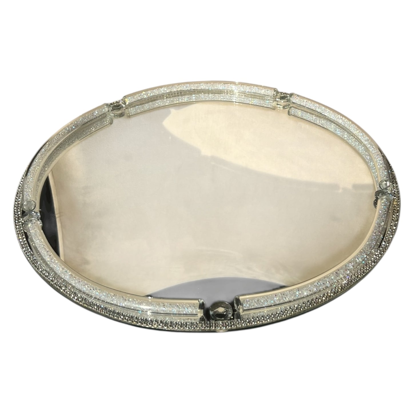 🪞 Bandeja Redonda de Espejo con Borde Plateado y Cristales – 35 cm de diámetro