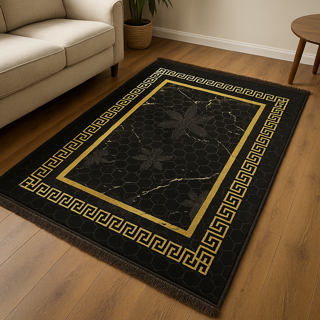 Alfombra Clásica Negra y detalles Dorados con Cenefa de Inspiración Oriental – Estilo Árabe