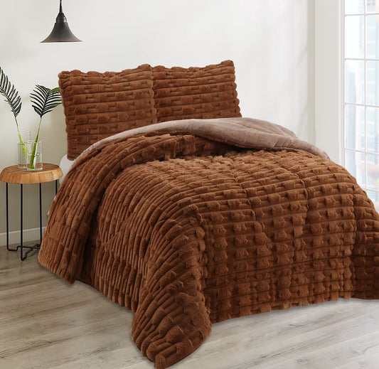 Velvety Duvet with Sheepskin, Ribbed Weft Pattern - Brown