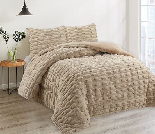 Velvety Duvet with Sheepskin, Ribbed Weft Pattern - Beige