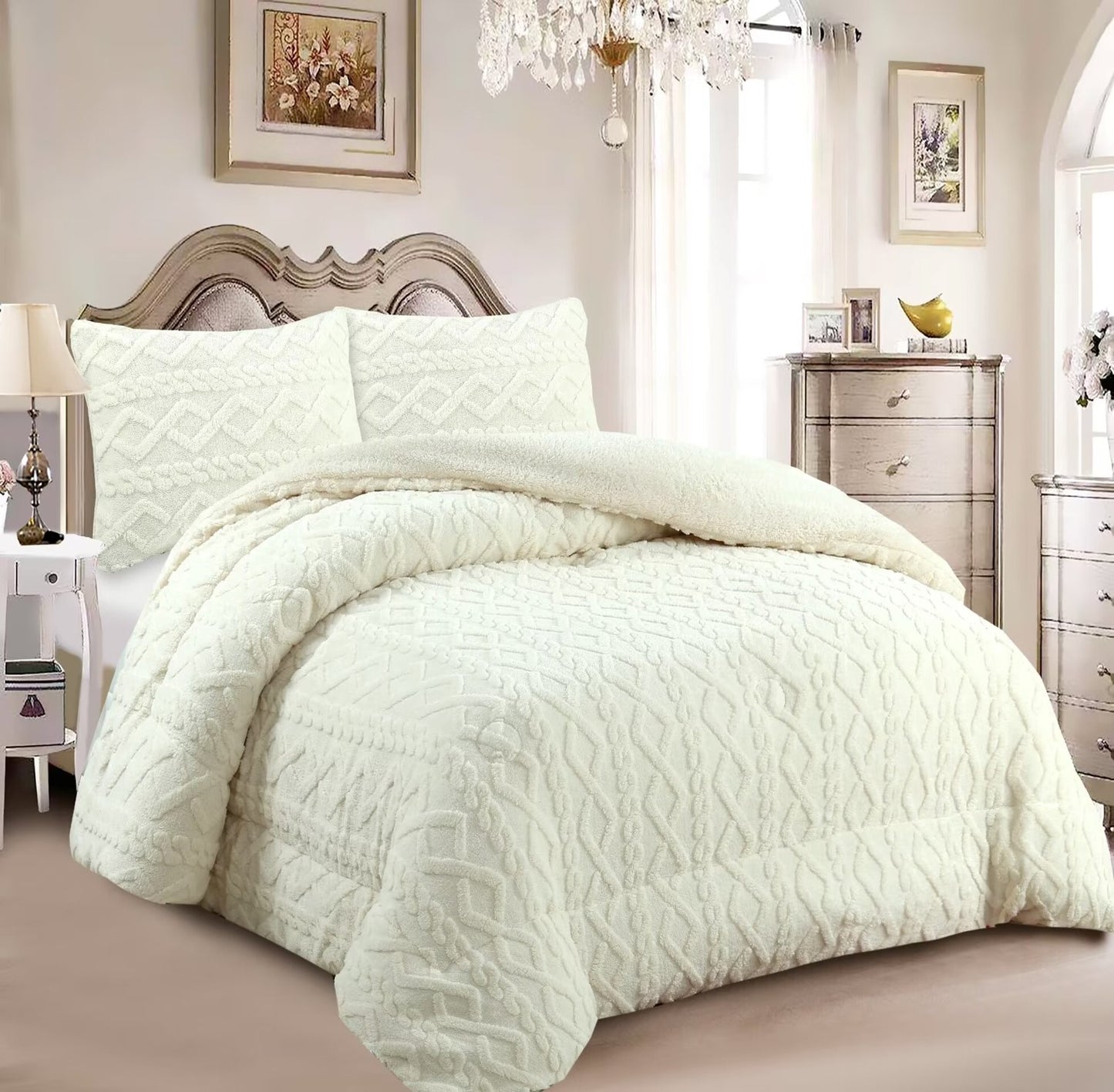 Edredón con Borrego Modelo Trenzas – 230 x 250 cm - COLOR CREMA