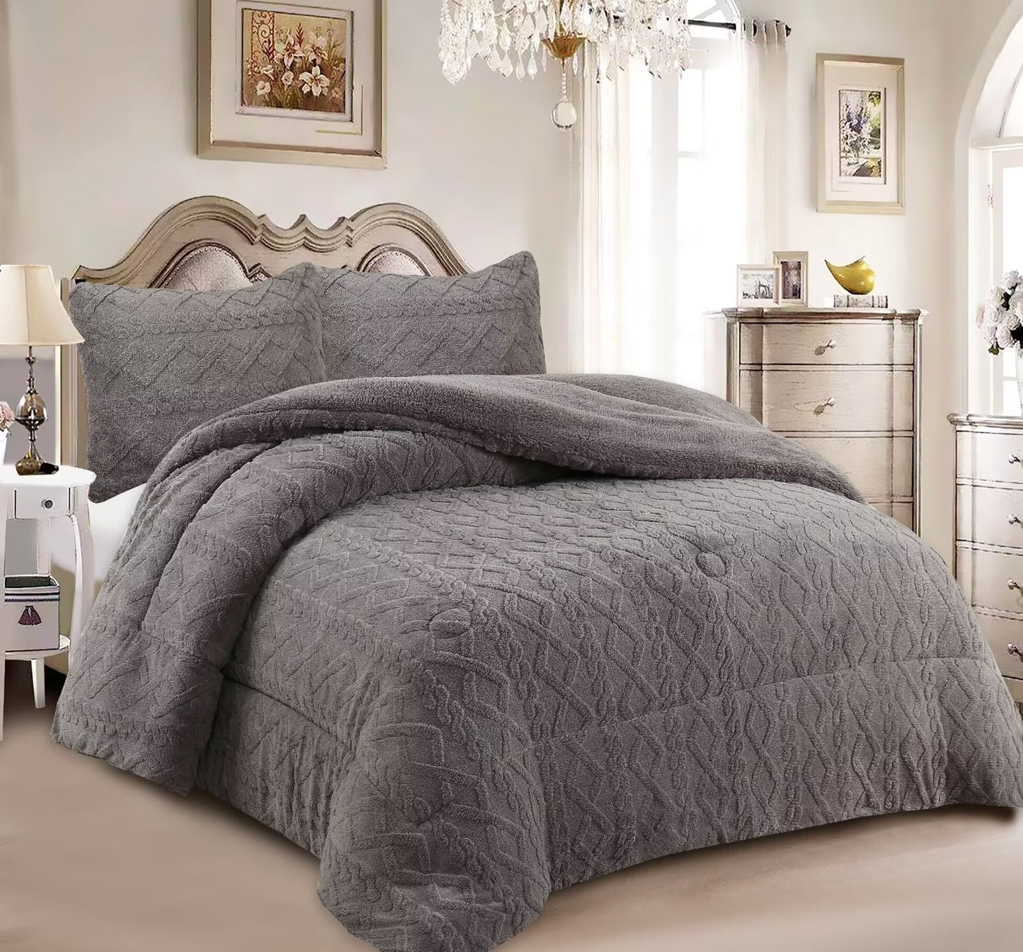 Edredón con Borrego Modelo Trenzas – 230 x 250 cm - COLOR GRIS OSCURO
