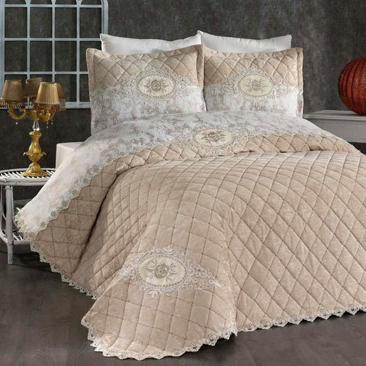 Set de Cama de Lujo "Marianna" – Cubrecama Acolchado con Encaje - COLOR CAPUCHINO