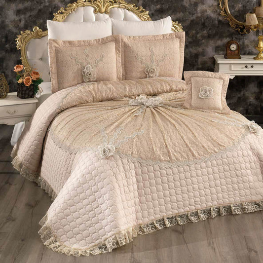 Set de Cama de Lujo "Hilal" – Cubrecama Acolchado con Encaje - COLOR CAPUCHINO