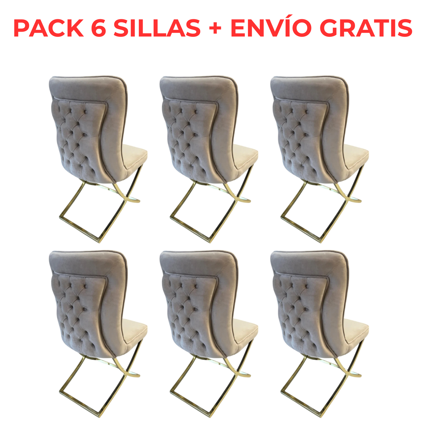 PACK OFERTA 6 Sillas BONGOV03 en terciopelo beige con patas doradas de acero