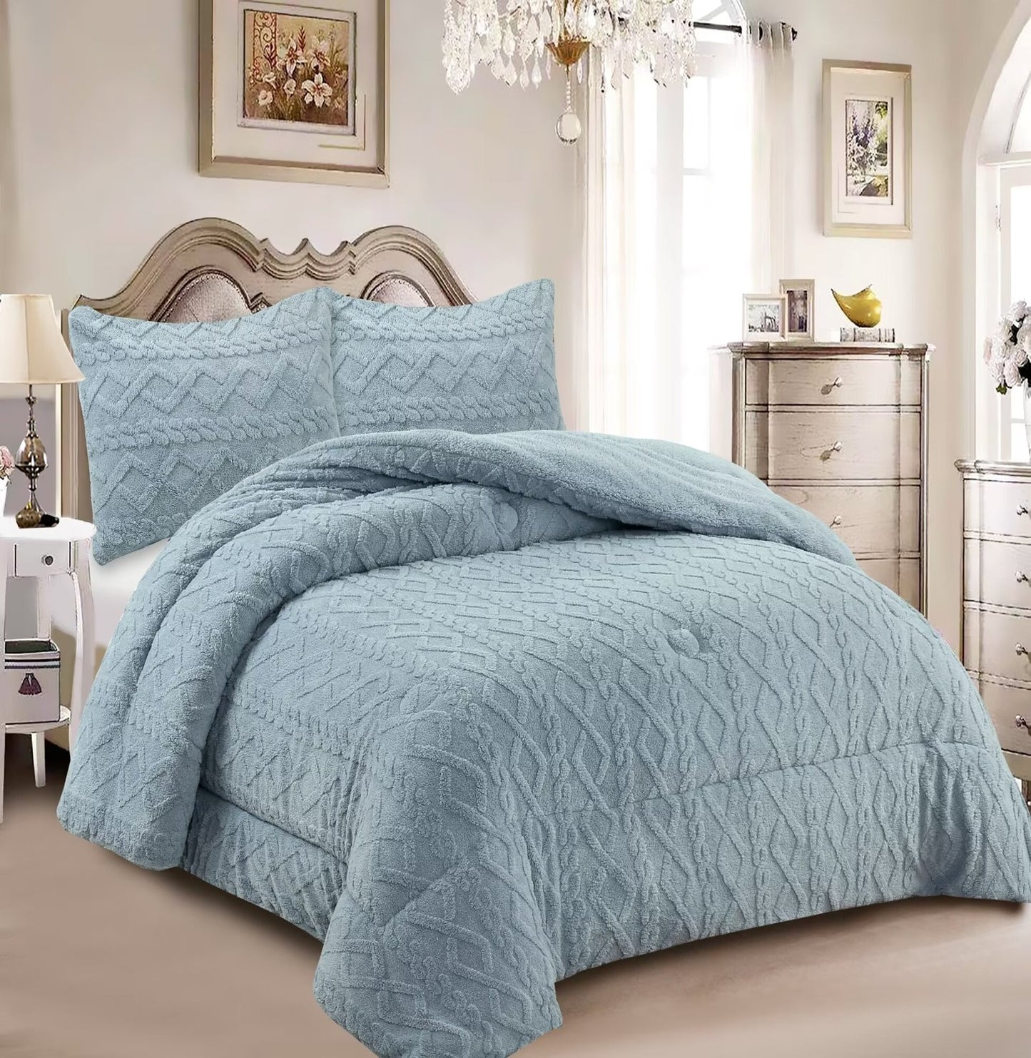 Edredón con Borrego Modelo Trenzas – 230 x 250 cm - COLOR GRIS CLARO