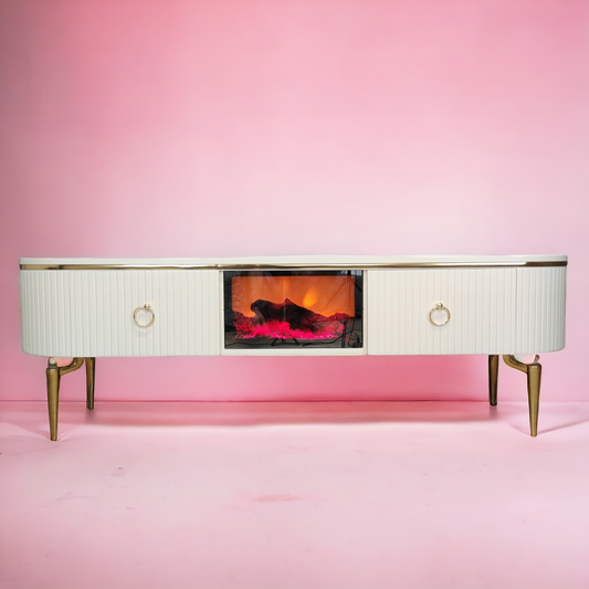 Mesa de TV con chimenea digital - BLANCO DORADO