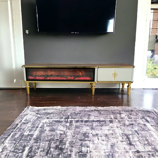 Mesa de TV con chimenea digital - BLANCO CON DETALLES DORADOS