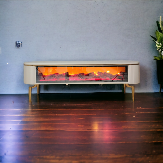 Mesa de TV con chimenea digital - BLANCO CON DETALLES EN DORADO