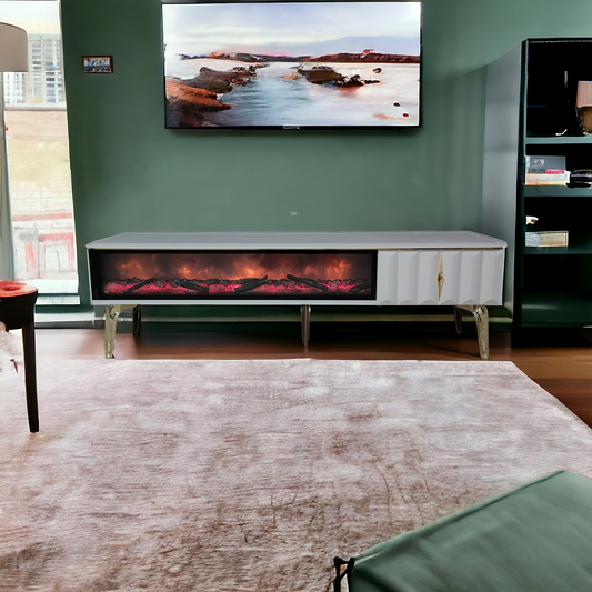 Mesa de TV con chimenea digital - COLOR CAPUCCINO CON DETALLES EN DORADO