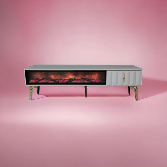 Mesa de TV con chimenea digital - COLOR CAPUCCINO CON DETALLES EN DORADO