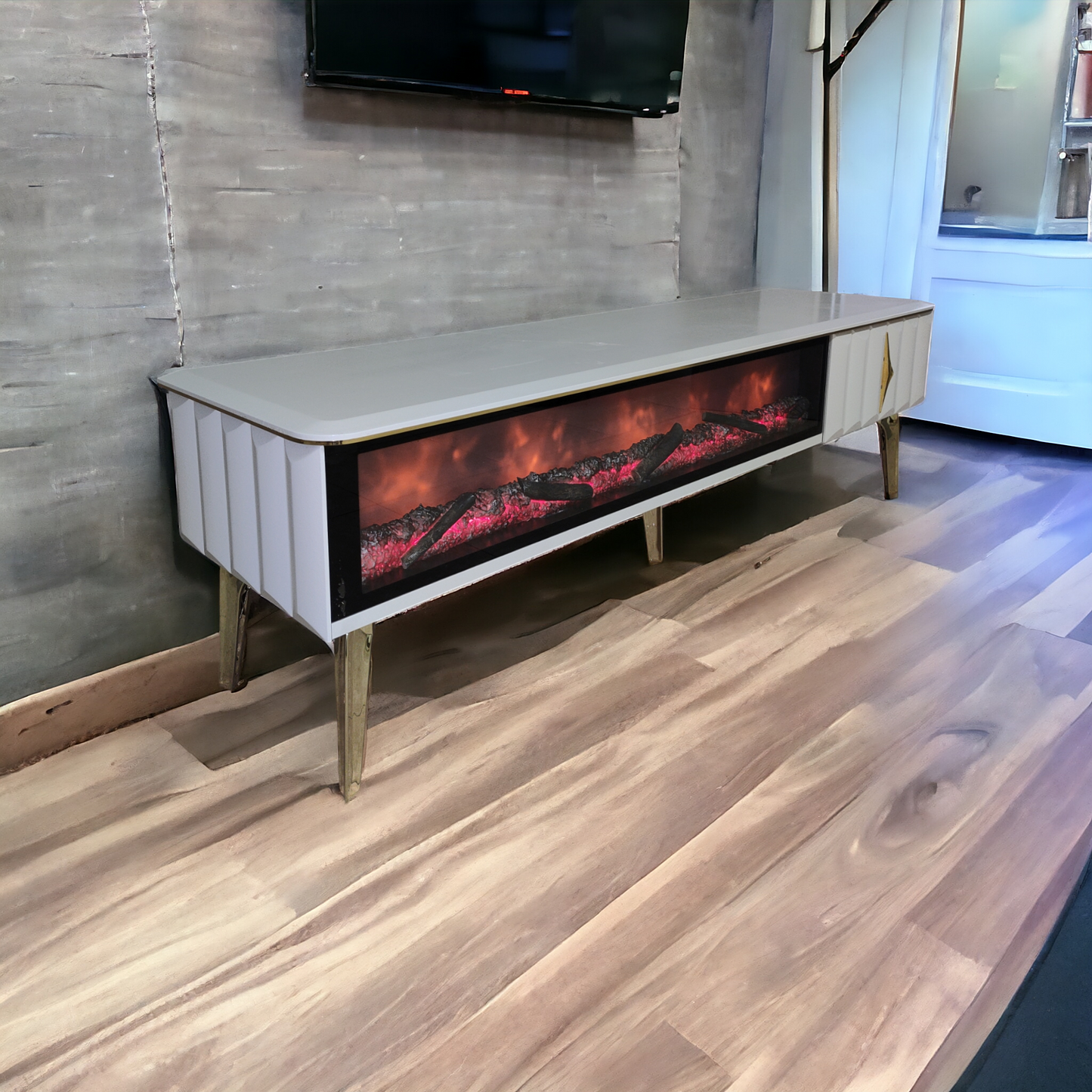 Móvel TV com lareira digital - COR CAPPUCCINO COM DETALHES DOURADOS