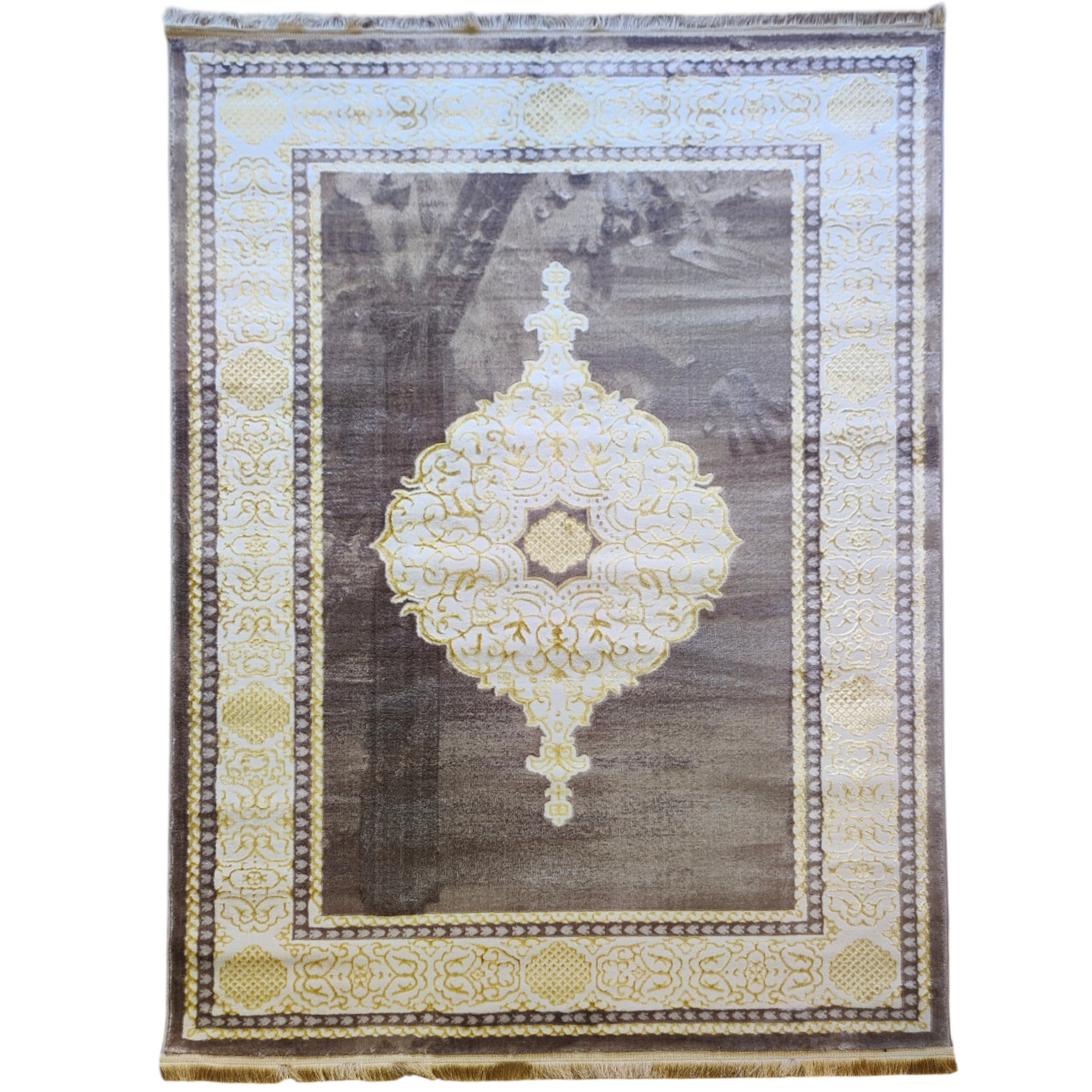 Alfombra Diseño Khanjar Marrón con Detalles Dorados – Elegancia Clásica Árabe