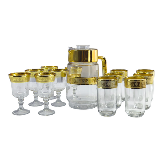 Juego de Jarra y Vasos de Cristal con Detalles Dorados – 13 Piezas