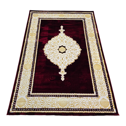 Alfombra Diseño Khanjar Roja con Detalles Dorados – Inspiración Árabe de Lujo