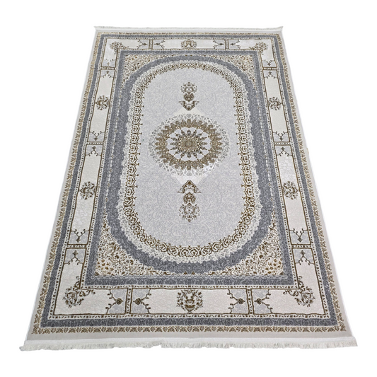 Alfombra NADOR Crema y Gris Claro con Medallón Clásico y Detalles Elegantes ✨🤍🩶 — Estilo Turco Sofisticado para Salón, Dormitorio y Pasillo