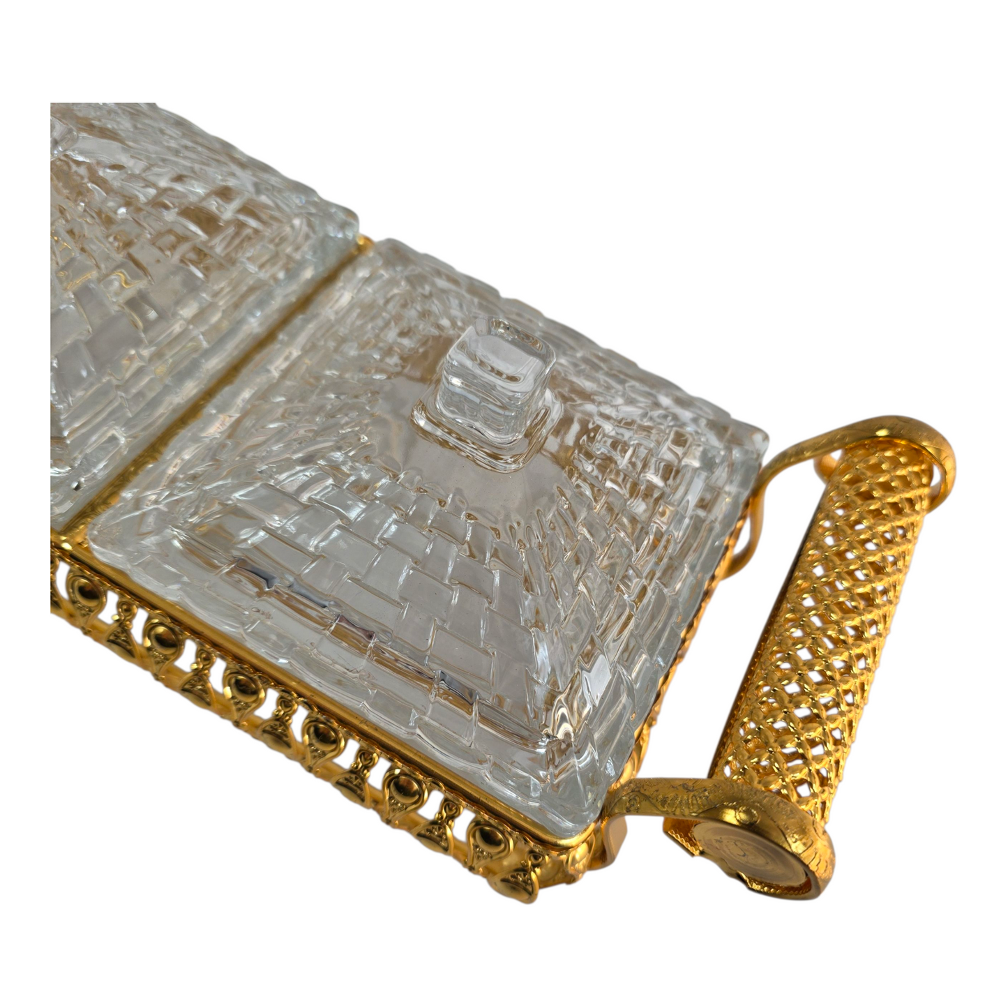 Elegante set de recipientes de cristal con base decorativa en metal dorado 💛