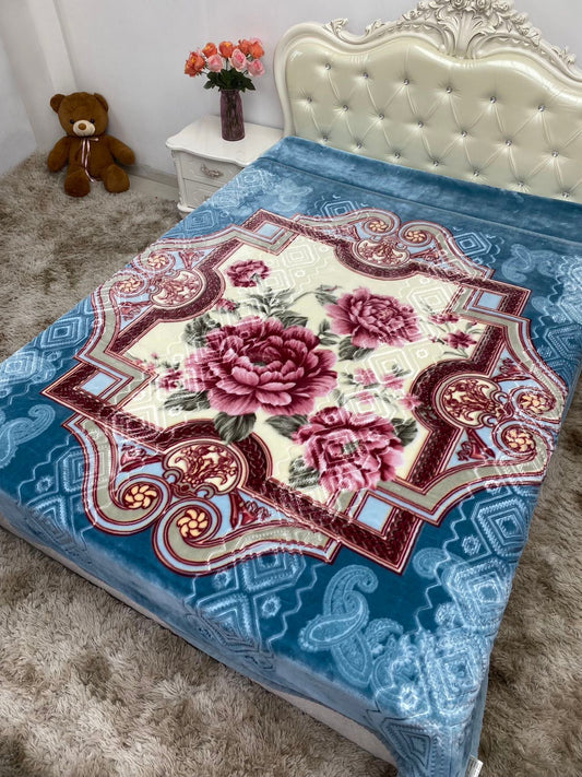 Blue Floral Print Plush Blanket - Extra Soft & Warm for Winter (200x220 cm, 4.5 kg)