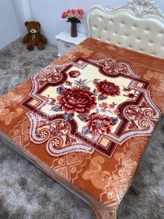 Orange Floral Print Plush Blanket - Extra Soft & Warm for Winter (200x220 cm, 4.5 kg)