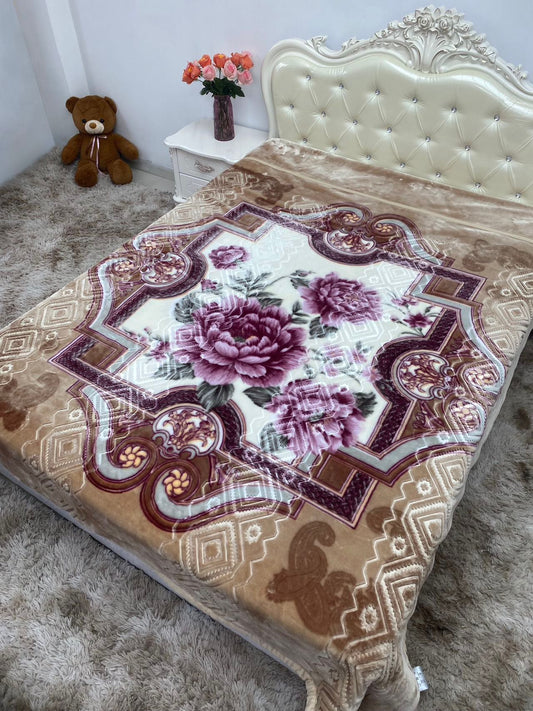 Beige Floral Print Plush Blanket - Extra Soft & Warm for Winter (200x220 cm, 4.5 kg)