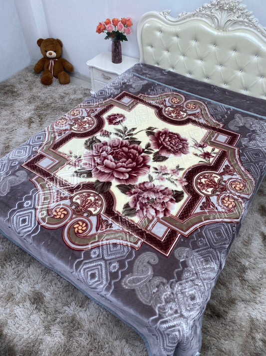 Grey Floral Print Plush Blanket - Extra Soft & Warm for Winter (200x220 cm, 4.5 kg)