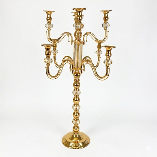 Lustre de chão com 5 braços em metal banhado a ouro com detalhes em cristal – 120 cm