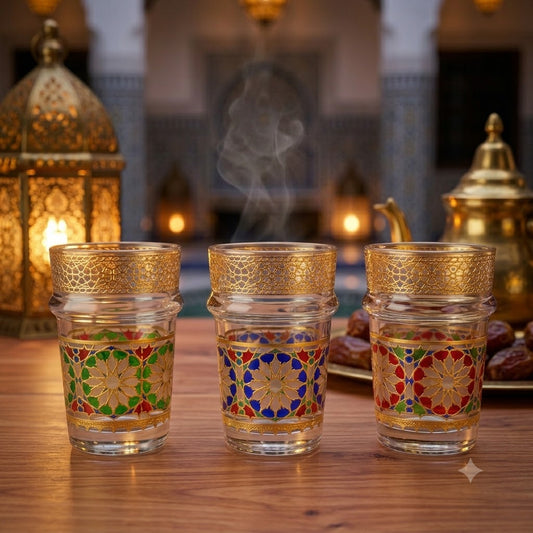 Pack x12 – Vasos de Té Marroquí | Cristal Decorado con Filigrana Dorada estilo Zellige