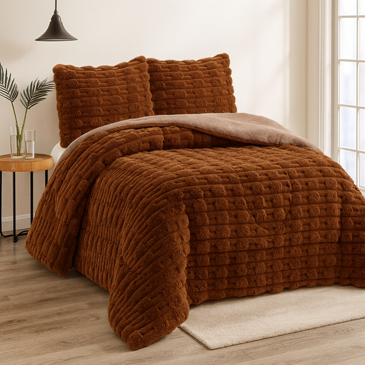 Velvety Duvet with Sheepskin, Ribbed Weft Pattern - Brown