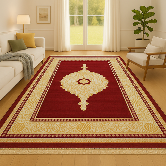 Alfombra Diseño Khanjar Roja con Detalles Dorados – Inspiración Árabe de Lujo