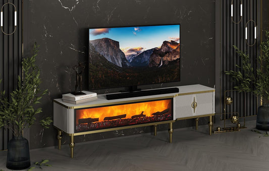 Mesa de TV con chimenea digital - BLANCO CON DETALLES DORADOS