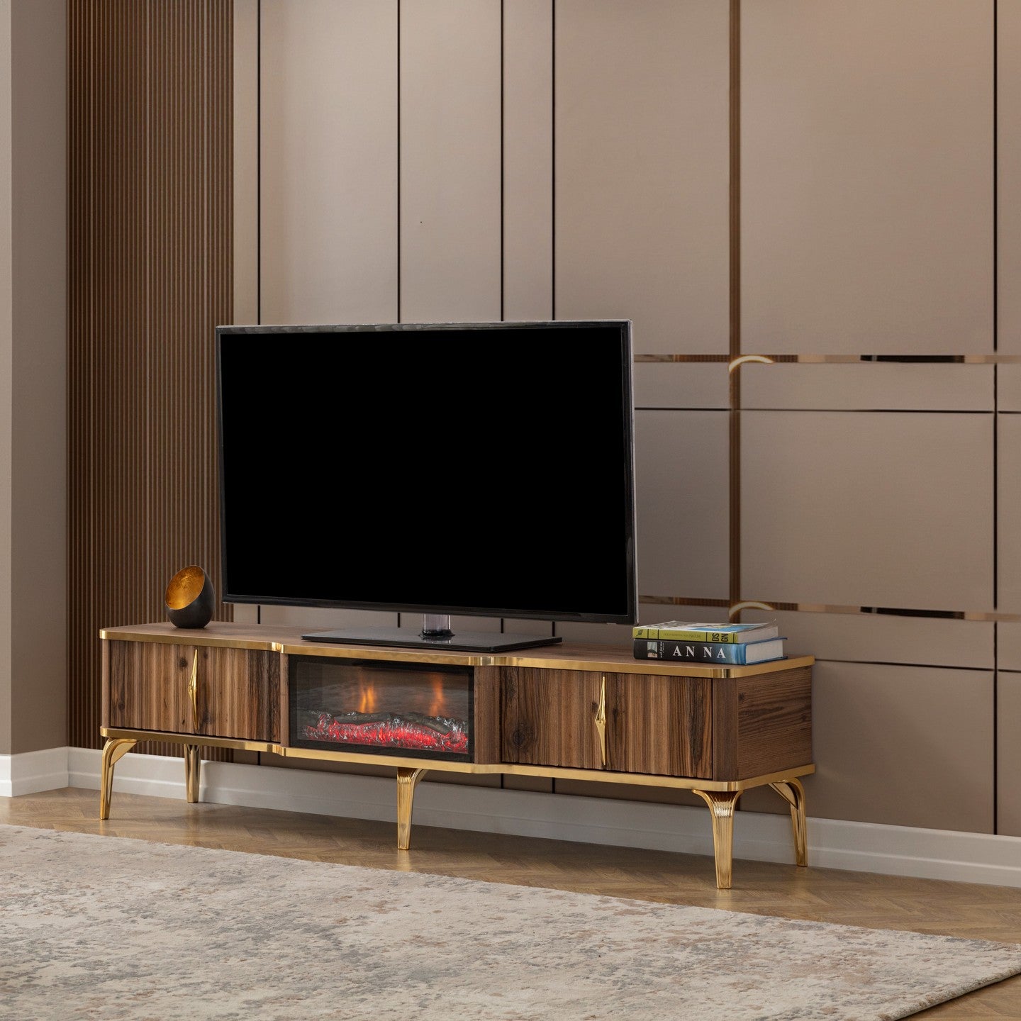 TV stand with digital fireplace - WOOD COLOR WITH GOLD DETAILS