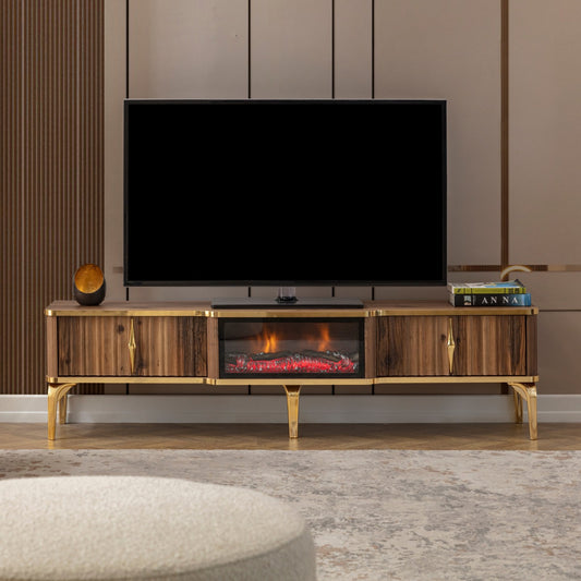 Mesa de TV con chimenea digital - MADERA CON DETALLES EN DORADO
