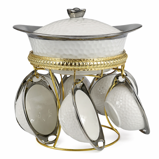 Set de Sopera de Cerámica con Tapadera + 6 Cuencos con Soporte Dorado -2,7L- Diseño Martillado Blanco y Plateado