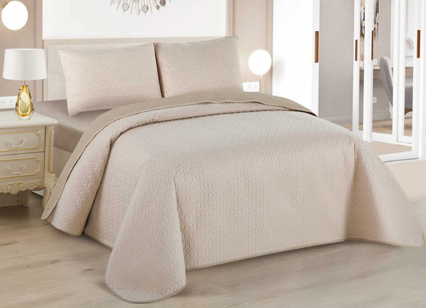 Colcha Boutis para Primavera y Verano Bicolor Reversible Liso - COLOR BEIGE