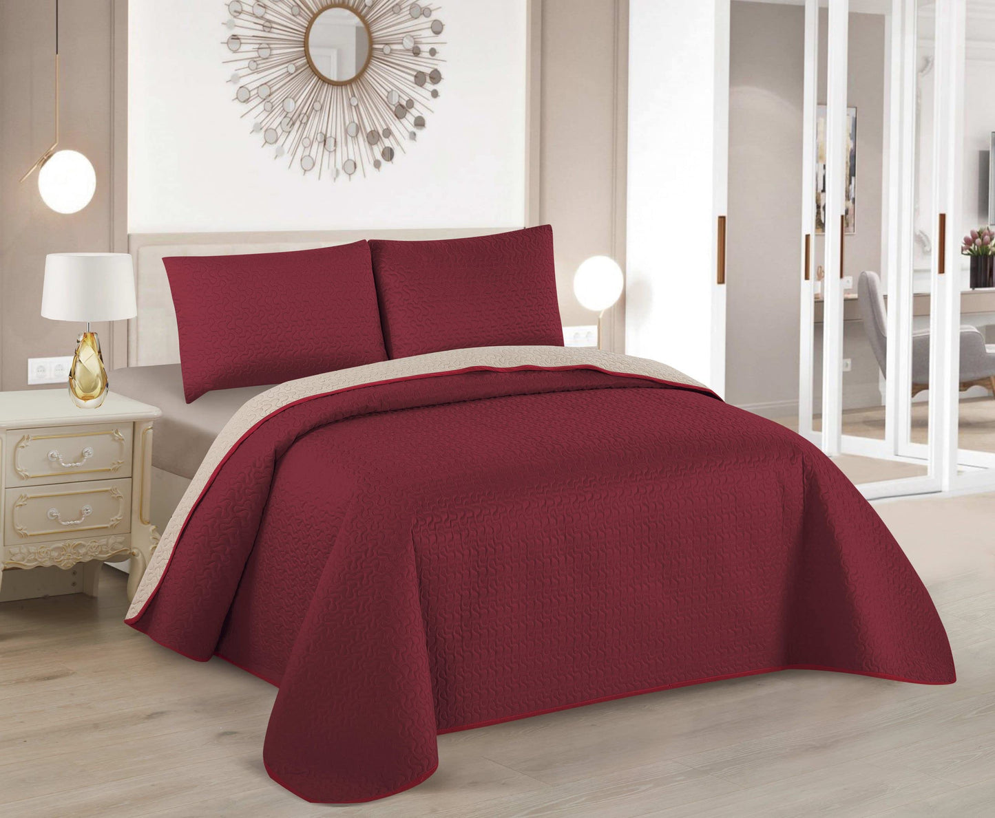Colcha Boutis para Primavera y Verano Bicolor Reversible Liso - COLOR ROJO