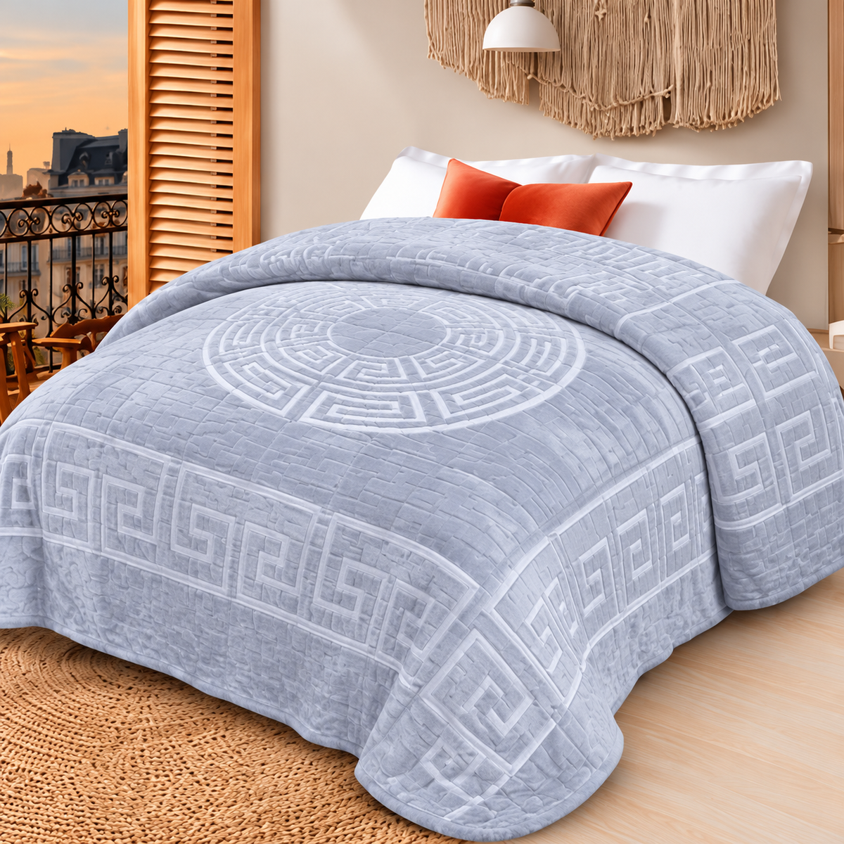 Manta Greca en relieve 210 × 230 cm — Gris claro