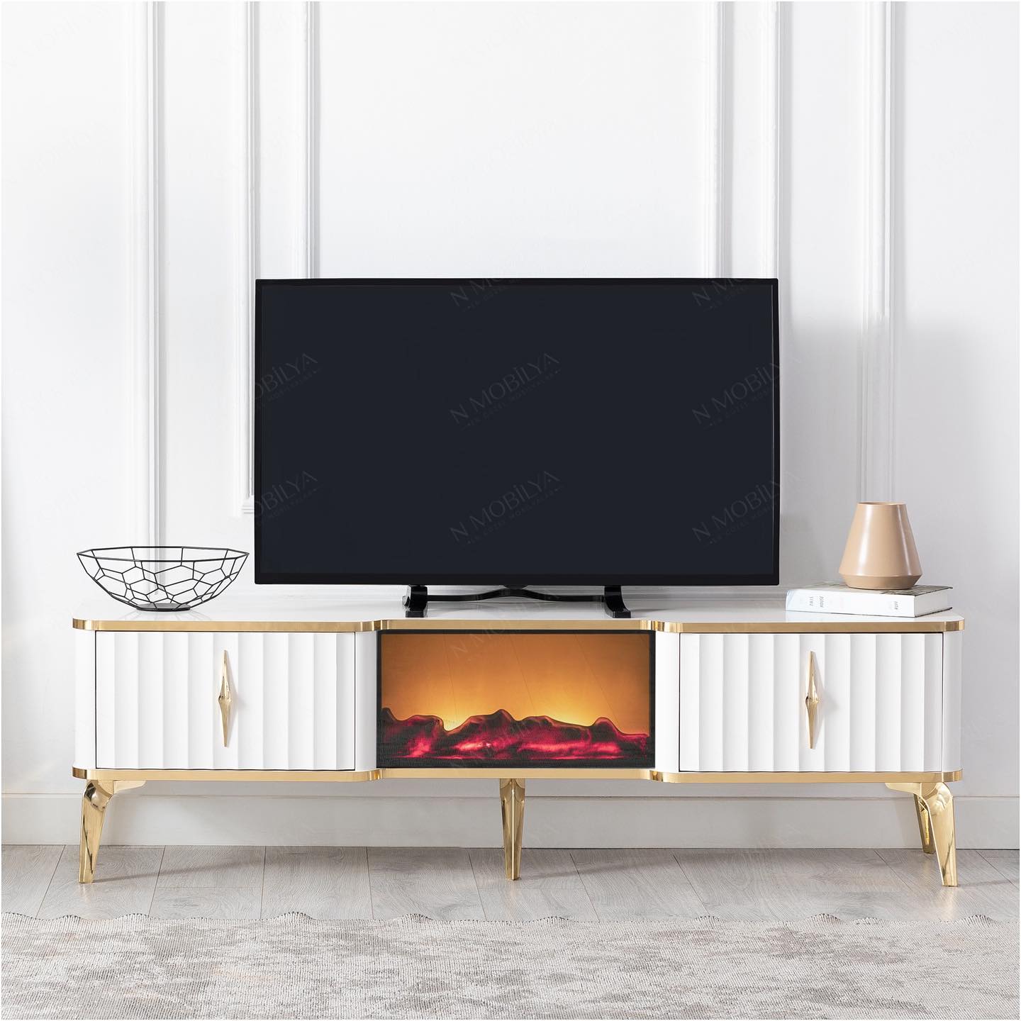 Mesa de TV con chimenea digital - COLOR BLANCO CON DETALLES EN DORADO