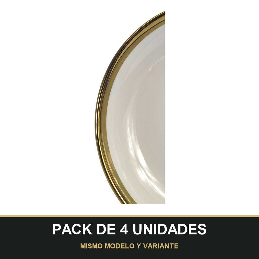 PACK DE 4 UNIDADES — Plato Hondo de Cerámica Ø15 cm – Borde Dorado Elegante. MISMO MODELO Y VARIANTE