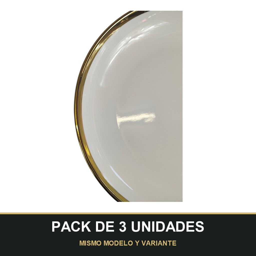 PACK DE 3 UNIDADES — Plato Hondo de Cerámica Ø23 cm – Borde Dorado Elegante. MISMO MODELO Y VARIANTE