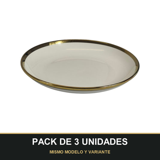 PACK DE 3 UNIDADES — Plato Hondo de Cerámica Ø23 cm – Borde Dorado Elegante. MISMO MODELO Y VARIANTE