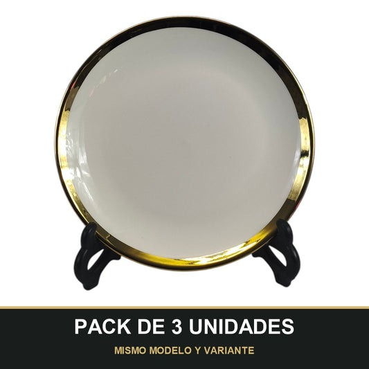 PACK DE 3 UNIDADES — Plato de Cerámica Ø18 cm – Borde Dorado Elegante. MISMO MODELO Y VARIANTE
