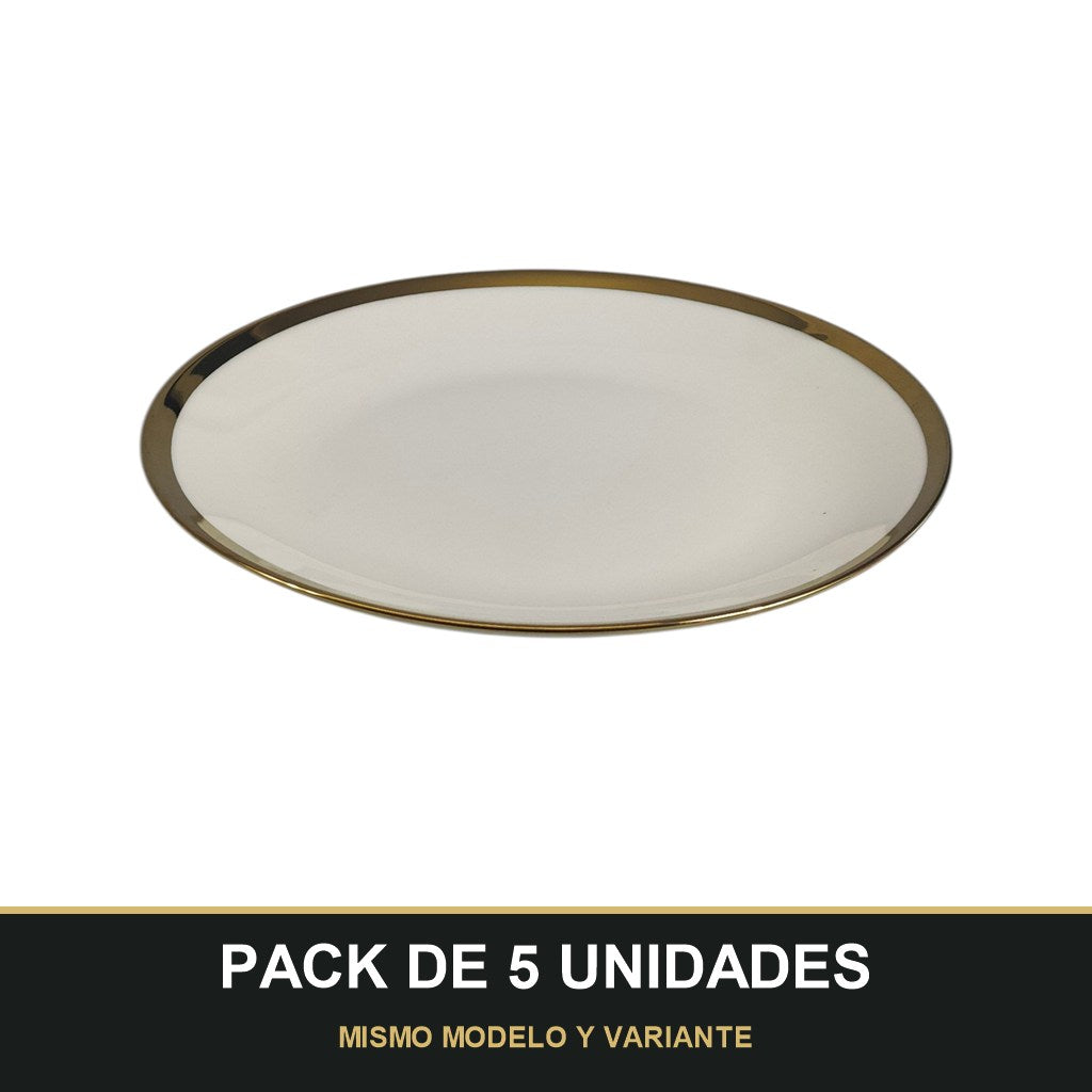 PACK DE 5 UNIDADES — Plato de Cerámica Ø20 cm – Borde Dorado Elegante. MISMO MODELO Y VARIANTE